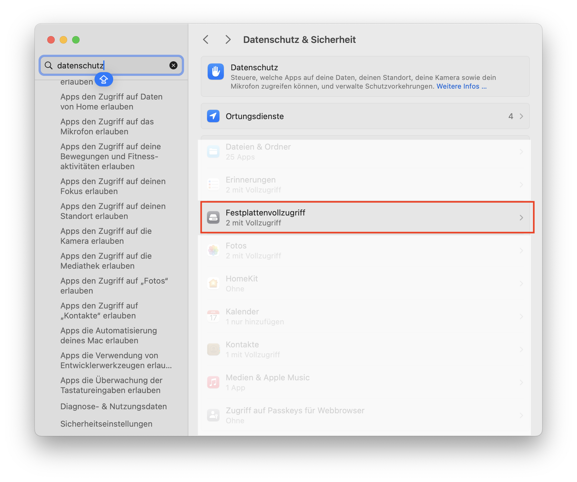 Systemeinstellungen Datenschutz & Sicherheit – Festplattenvollzugriff auswählen