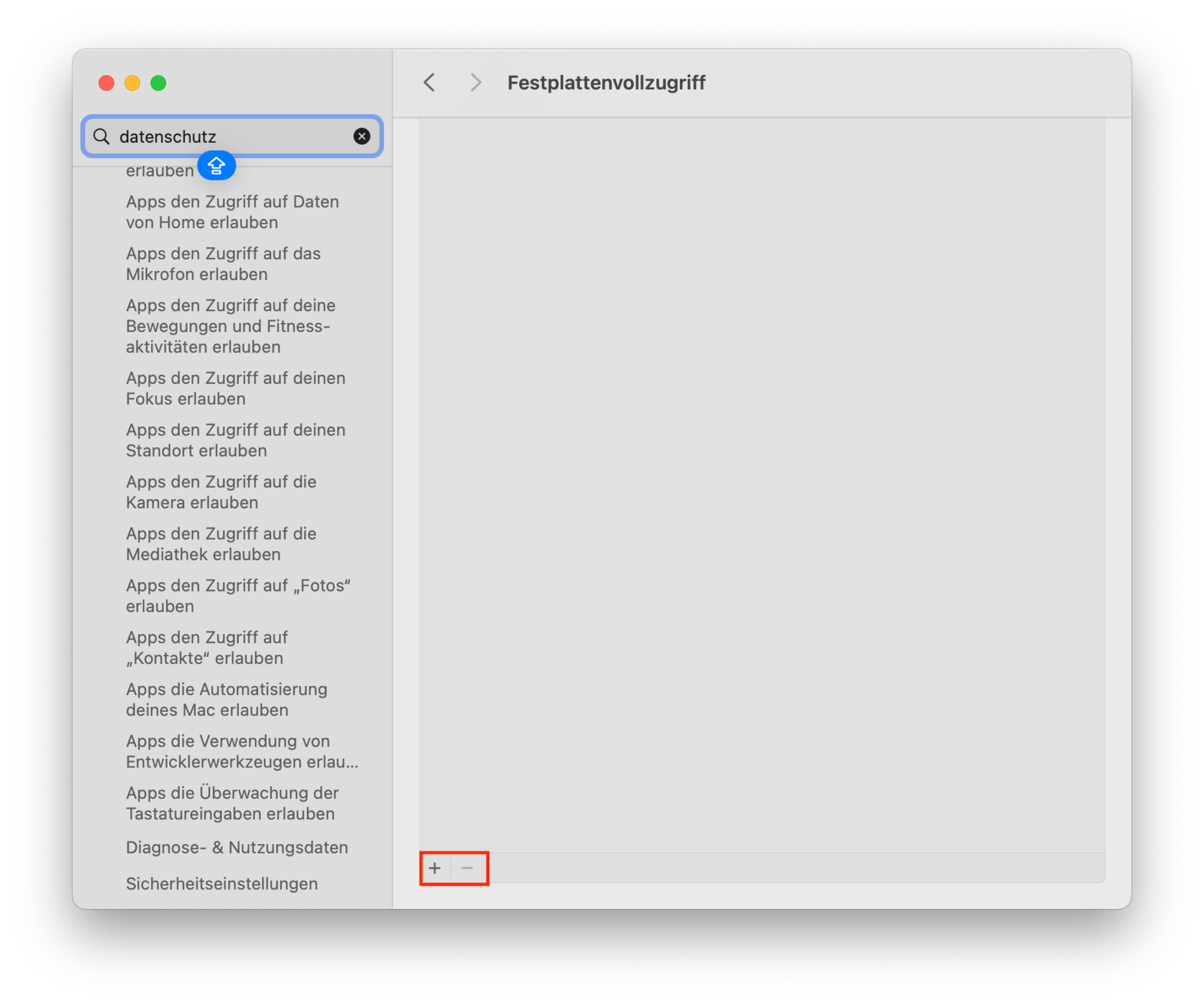 Festplattenvollzugriff – + klicken und Archivio Server auswählen