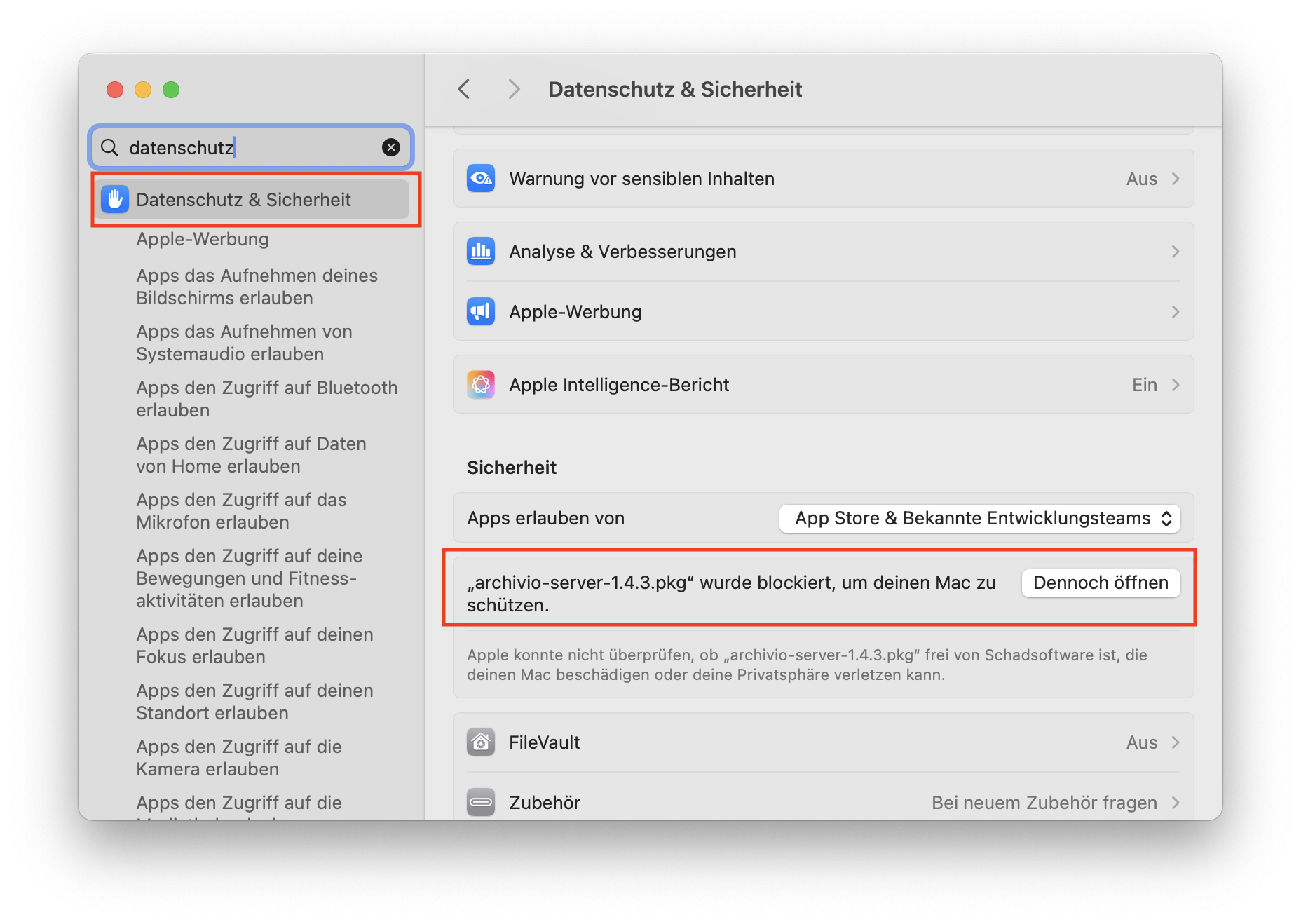 Systemeinstellungen Datenschutz & Sicherheit – blockierte App