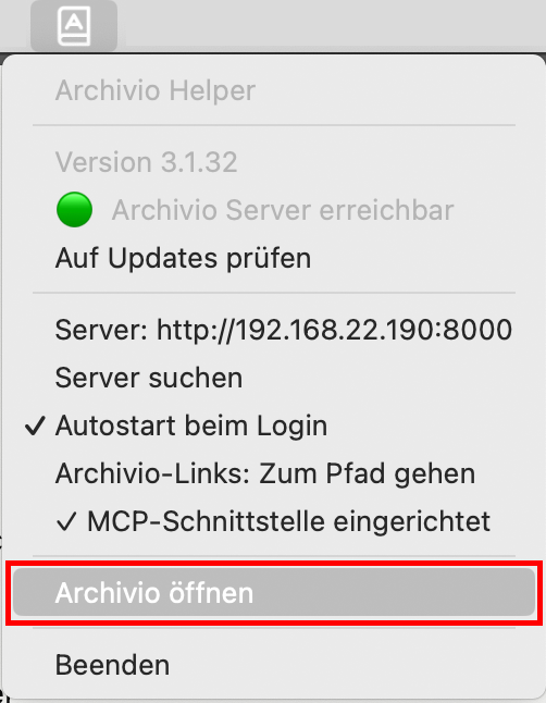 Menüleiste – Archivio öffnen anklicken